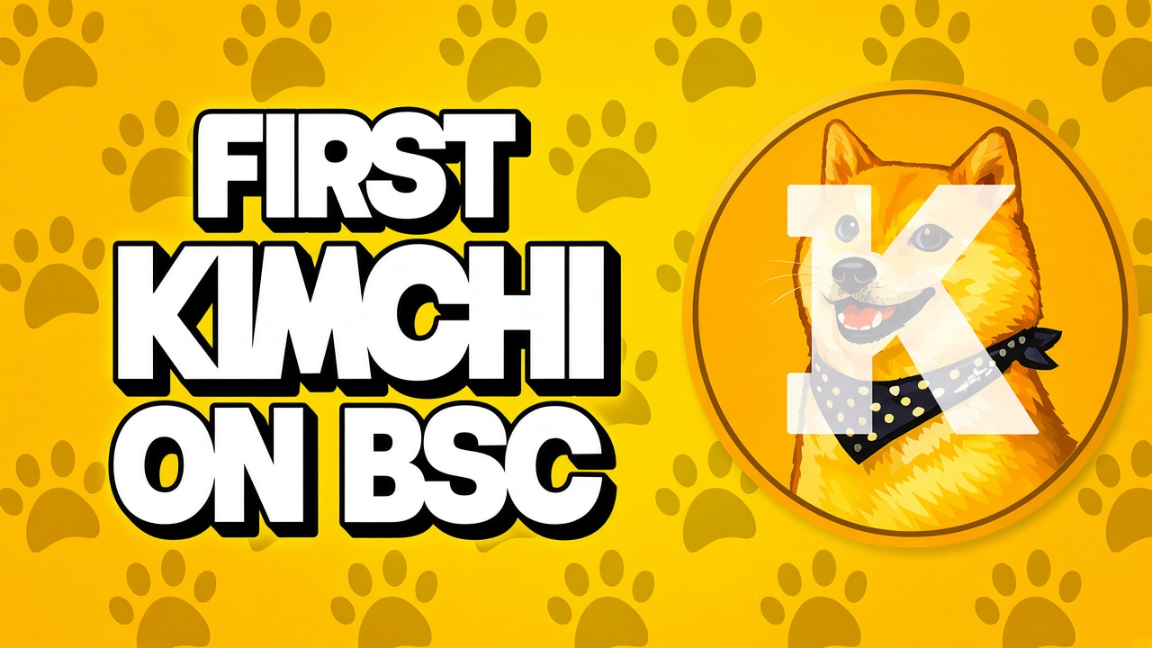 Yellow paw-print banner reading First Kimchi on BSC, beside the gold shiba coin