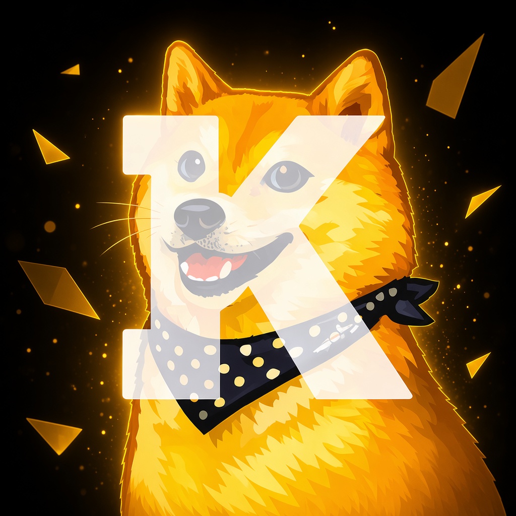 Kimchi Coin shiba, golden fur, dotted bandana, and a translucent K, in gold light