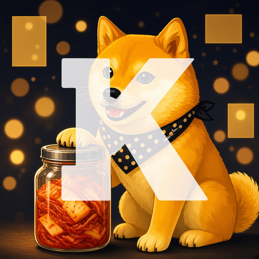 Kimchi shiba with a paw on a glowing jar of kimchi