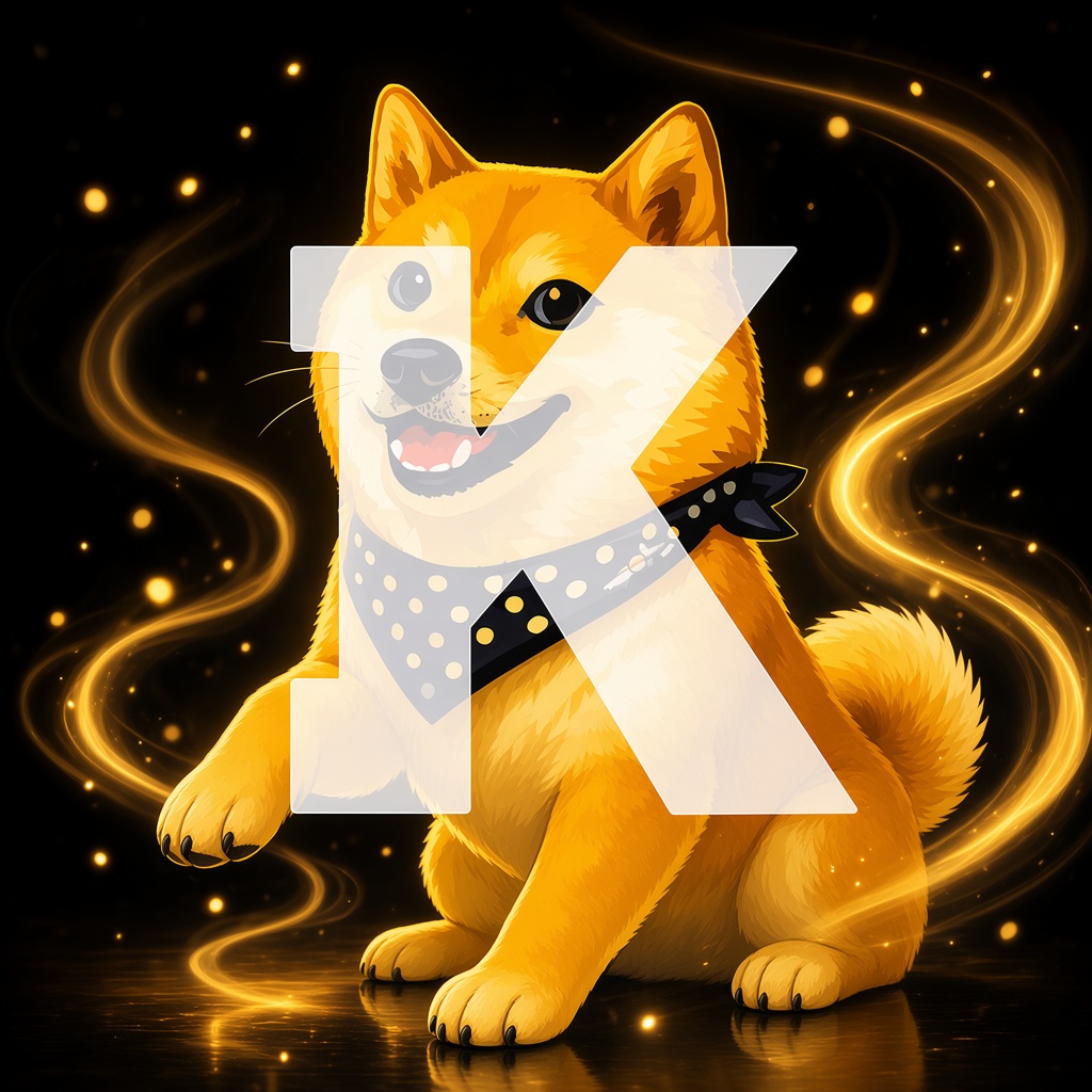 Kimchi shiba sitting on a glossy floor under gold light