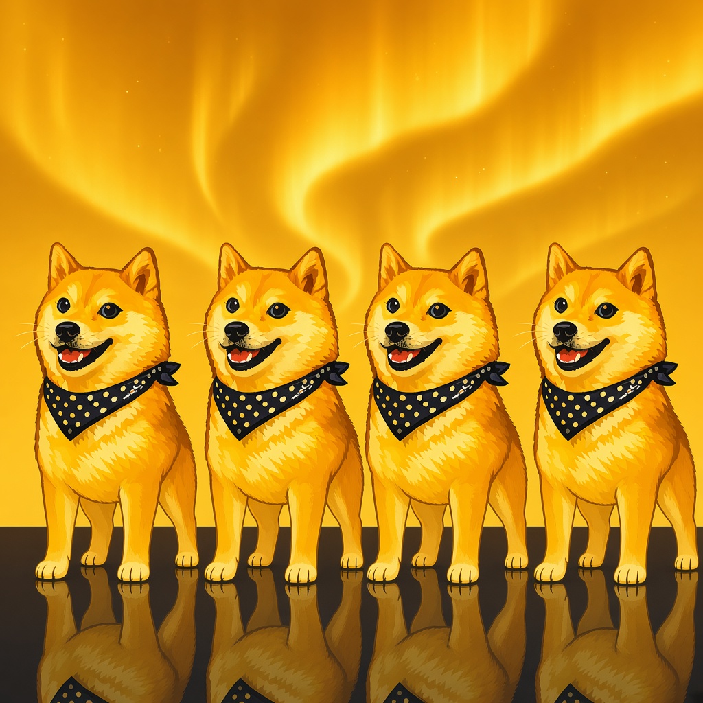 Four golden shibas in dotted bandanas under a gold aurora