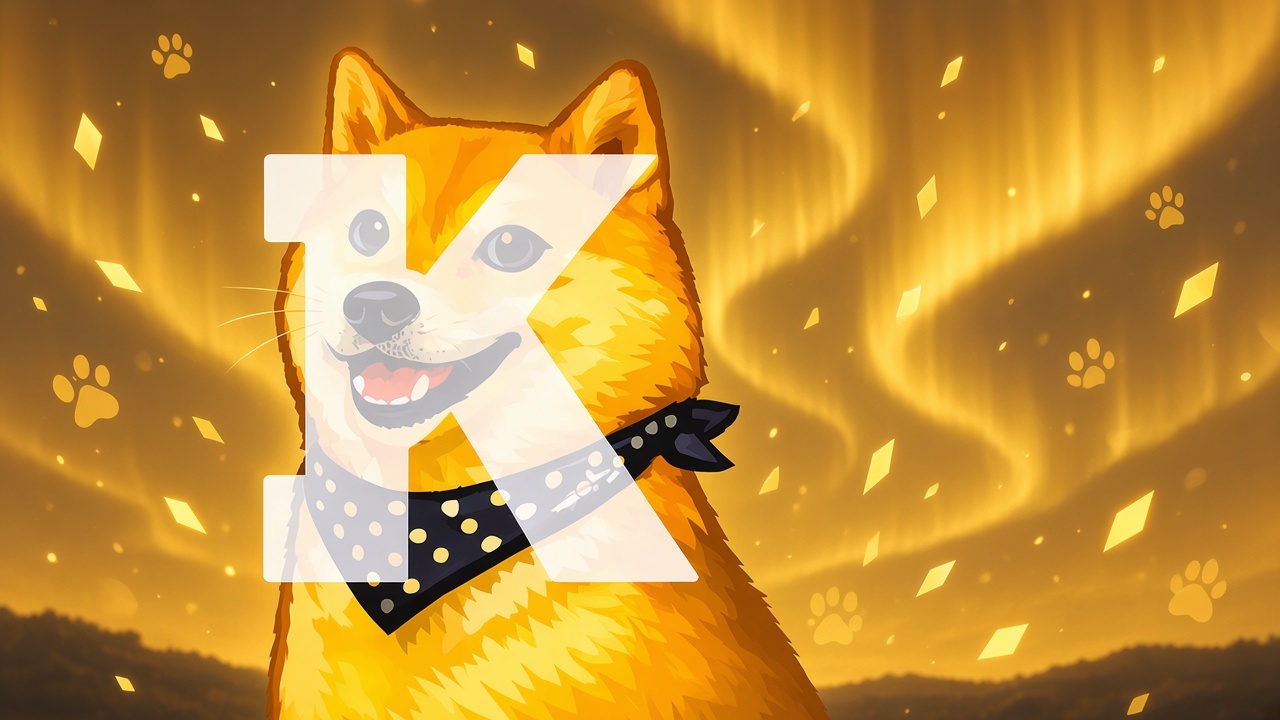 Kimchi shiba in front of a gold aurora, with paw-print stars